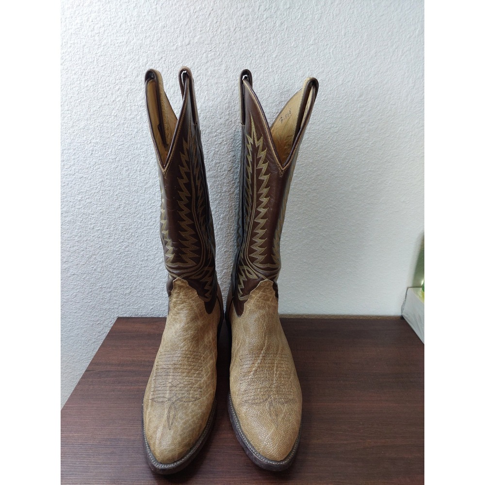 Tony Lama Mens Western Boots Tan Brown Leather Cowboy Stitch Size 7.5B - Picture 2 of 11